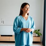 A serene adult individual in comfortable, modest home attire, standing in a brightly lit, modern smart home living space. Smart lighting softly illuminates the room, and a sleek air purifier is visible in the background. The atmosphere is peaceful and promotes well-being. The individual has a relaxed, natural pose. fully clothed, modest clothing, appropriate attire, safe for work, appropriate content, family-friendly, perfect anatomy, correct proportions, natural pose, well-formed hands, proper finger count, natural body proportions, professional photography, high quality.