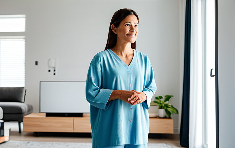 A serene adult individual in comfortable, modest home attire, standing in a brightly lit, modern smart home living space. Smart lighting softly illuminates the room, and a sleek air purifier is visible in the background. The atmosphere is peaceful and promotes well-being. The individual has a relaxed, natural pose. fully clothed, modest clothing, appropriate attire, safe for work, appropriate content, family-friendly, perfect anatomy, correct proportions, natural pose, well-formed hands, proper finger count, natural body proportions, professional photography, high quality.