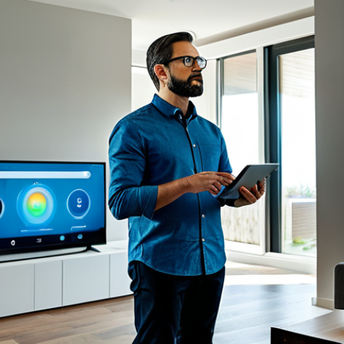 Home 6 A professional adult in modest business casual attire, standing contemplatively in a modern smart home living room. Various smart devices like a speaker, thermostat, and tablet are visible, with subtle, translucent digital data streams and light trails flowing around them, representing information exchange. The environment is clean and well-lit, emphasizing a sense of collected data. Perfect anatomy, correct proportions, natural pose, well-formed hands, proper finger count. Fully clothed, appropriate attire, modest clothing, safe for work, appropriate content, professional photography, high quality, family-friendly.
