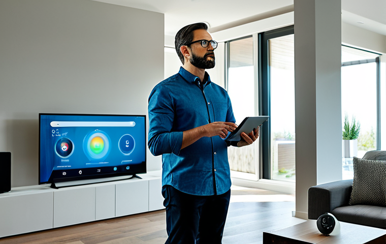 A professional adult in modest business casual attire, standing contemplatively in a modern smart home living room. Various smart devices like a speaker, thermostat, and tablet are visible, with subtle, translucent digital data streams and light trails flowing around them, representing information exchange. The environment is clean and well-lit, emphasizing a sense of collected data. Perfect anatomy, correct proportions, natural pose, well-formed hands, proper finger count. Fully clothed, appropriate attire, modest clothing, safe for work, appropriate content, professional photography, high quality, family-friendly.
