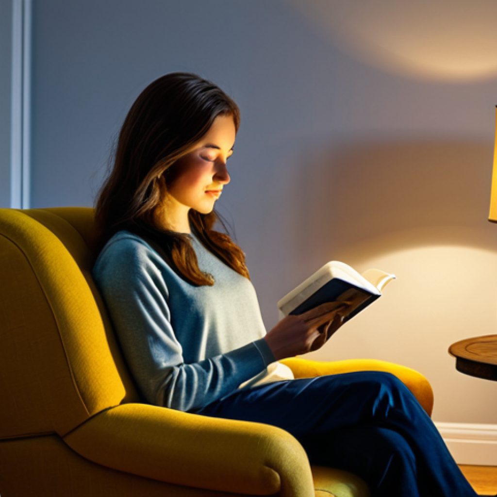 스마트홈 기기를 통한 스트레스 관리 전략 - Smart Lighting Serenity** "A cozy living room at dusk, featuring warm, yellow-toned smart lighting ...
