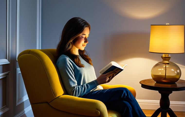스마트홈 기기를 통한 스트레스 관리 전략 - Smart Lighting Serenity** "A cozy living room at dusk, featuring warm, yellow-toned smart lighting ...