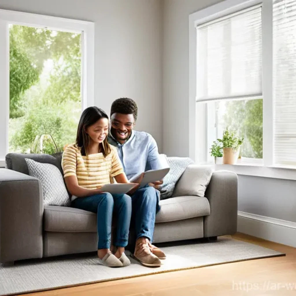 스마트폰 앱으로 관리하는 스마트홈 웰빙 - **Prompt:** "A comfortable and modern living room, brightly lit by natural sunlight streaming throug...