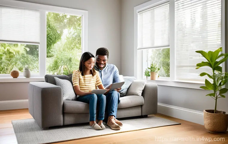 스마트폰 앱으로 관리하는 스마트홈 웰빙 - **Prompt:** "A comfortable and modern living room, brightly lit by natural sunlight streaming throug...