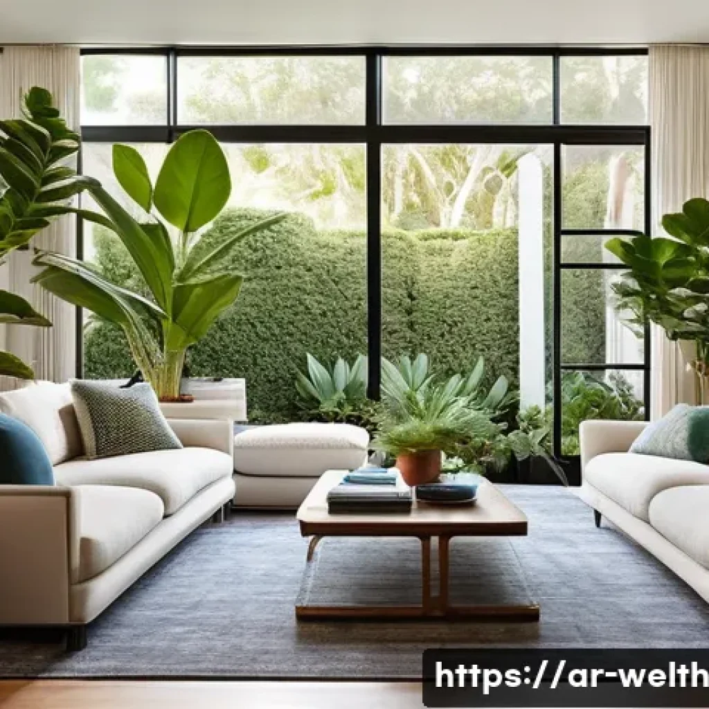 집안의 자연 요소와 스마트 기술 결합하기 - **Prompt:** A cozy, modern living room bathed in soft, natural light, meticulously transformed into ...