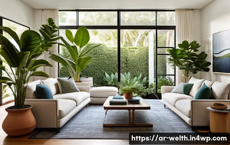 집안의 자연 요소와 스마트 기술 결합하기 - **Prompt:** A cozy, modern living room bathed in soft, natural light, meticulously transformed into ...