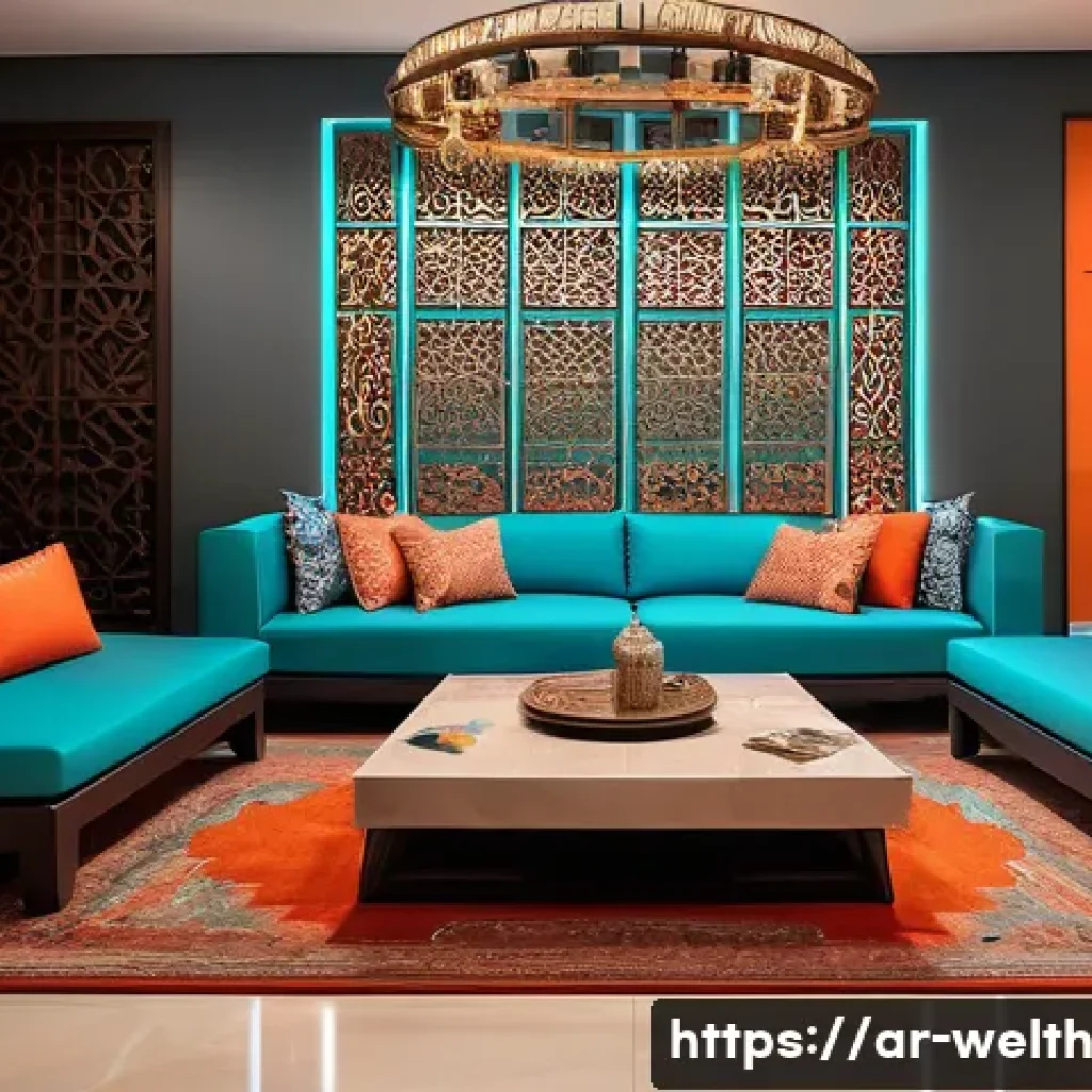 스마트홈 기술로 실현하는 감정적 웰빙 - A modern Arabic-style living room bathed in smart lighting that changes colors: calming blue and tur...
