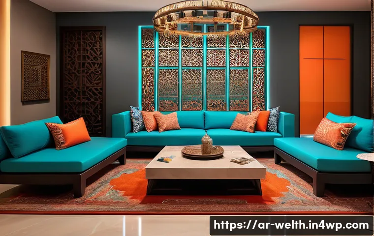 스마트홈 기술로 실현하는 감정적 웰빙 - A modern Arabic-style living room bathed in smart lighting that changes colors: calming blue and tur...