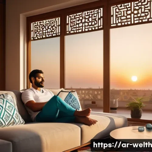 웨어러블 기기와 스마트홈의 결합 - A modern Arabic living room interior at sunset, featuring a Middle Eastern man wearing a smartwatch ...