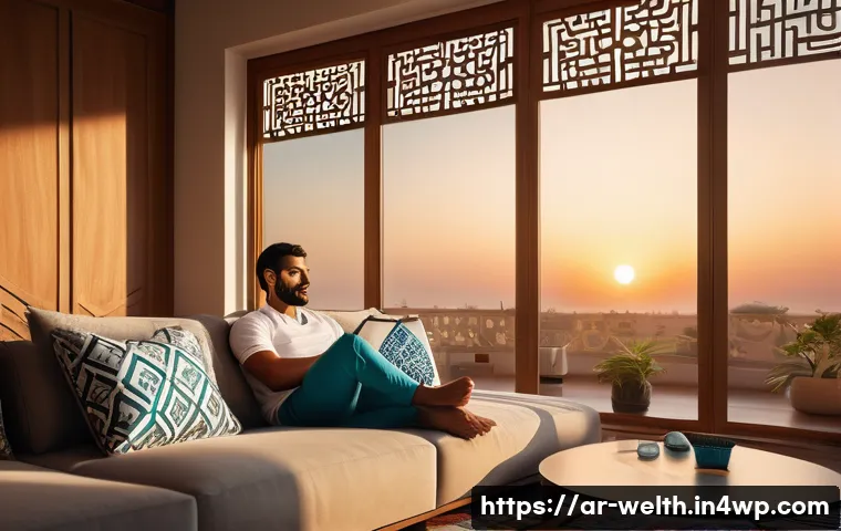 웨어러블 기기와 스마트홈의 결합 - A modern Arabic living room interior at sunset, featuring a Middle Eastern man wearing a smartwatch ...