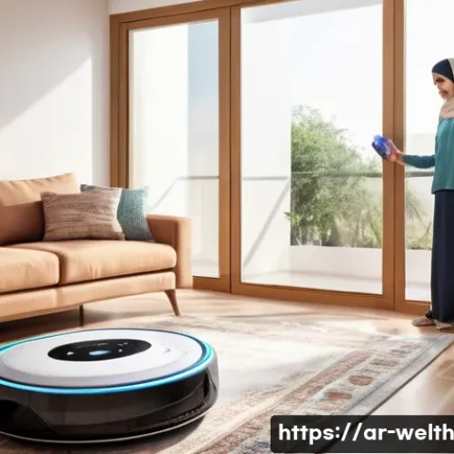 스마트 로봇 청소기가 주는 건강 혜택 - A modern Arabic living room with a family using a smart cleaning robot; warm natural light filters t...