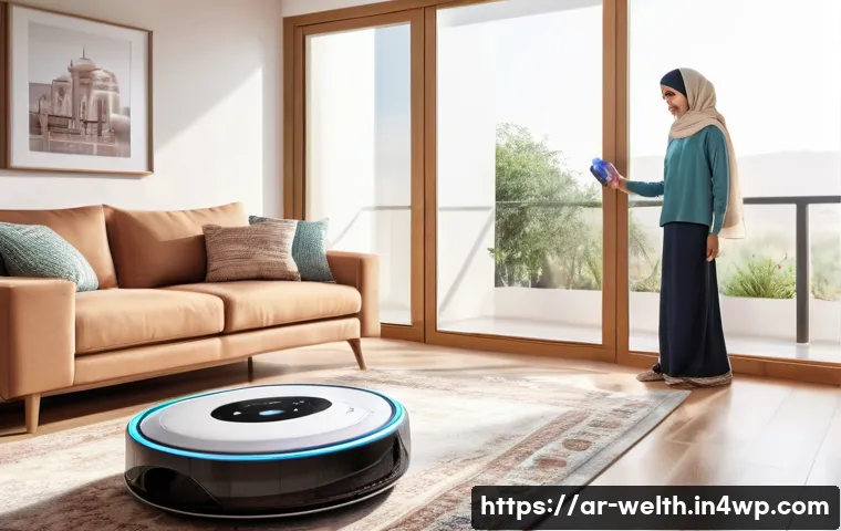 스마트 로봇 청소기가 주는 건강 혜택 - A modern Arabic living room with a family using a smart cleaning robot; warm natural light filters t...