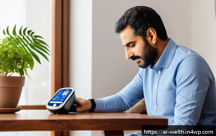 가정에서의 스마트 헬스케어 기기 선택 팁 - A modern Arabic home interior with a middle-aged Arab man wearing casual clothes using a sleek smart...