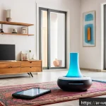 IoT 기술로 실현하는 건강한 생활 환경 - A modern Arab family living room featuring smart home air quality monitoring devices prominently dis...