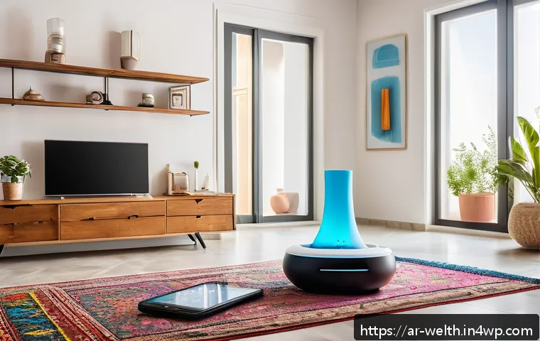IoT 기술로 실현하는 건강한 생활 환경 - A modern Arab family living room featuring smart home air quality monitoring devices prominently dis...