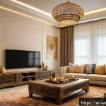 스마트홈 웰빙 공간의 조명 디자인 - A modern Arabic living room scene with warm smart LED lighting creating a cozy atmosphere; subtle un...