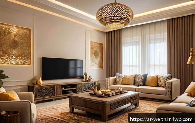 스마트홈 웰빙 공간의 조명 디자인 - A modern Arabic living room scene with warm smart LED lighting creating a cozy atmosphere; subtle un...